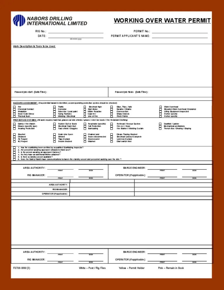 Working Over Water Permit RIG No. Permit No. Date Permit Applicant