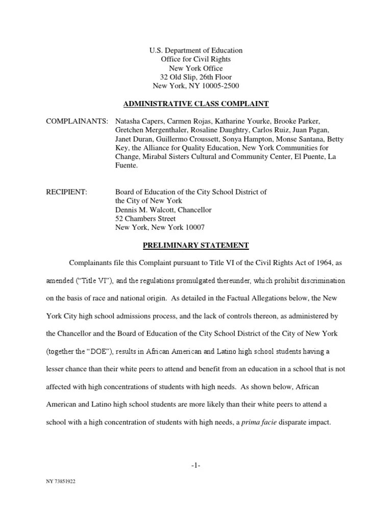 2013 Civil Rights Complaint against NYC DOE admissions Disparate