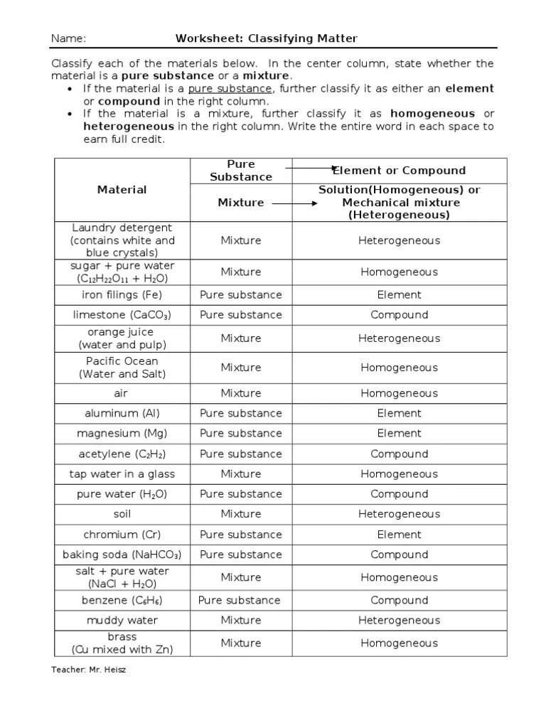 WS Classifying Matter (Answers)