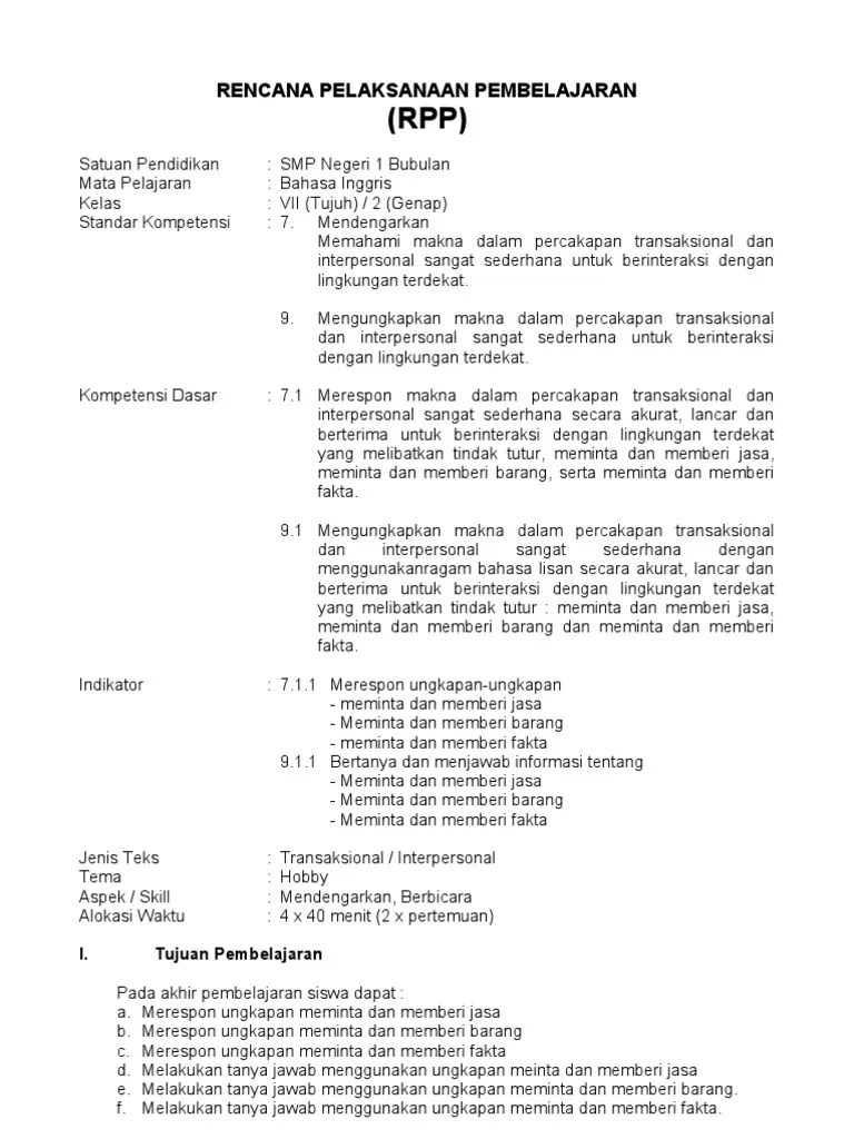 Rpp Bahasa Inggris Ktsp Smp Kls Vii2 (1)