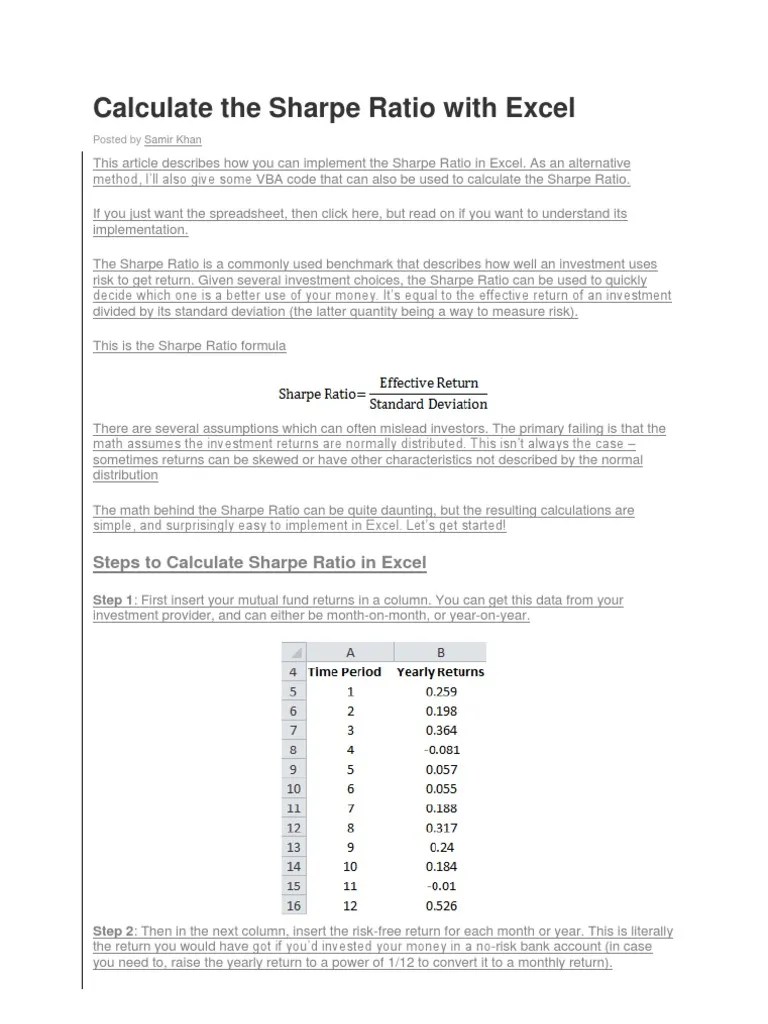 Calculate the Sharpe Ratio with Excel