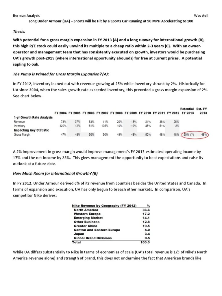 Under Armour Analysis For FY 2013 PDF Revenue Gross Margin