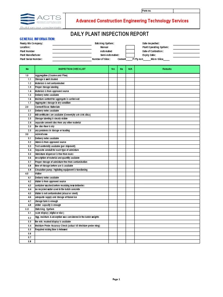Daily Plant Inspection Report n Concrete Industries