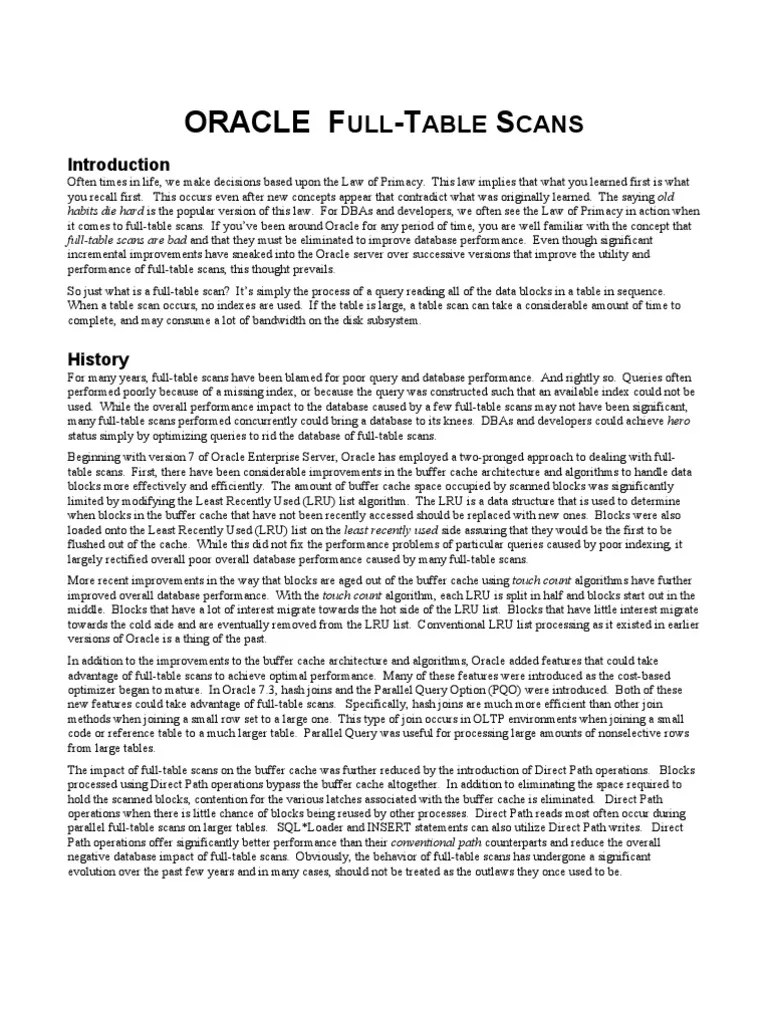 Oracle Full Table Scan PDF Database Index Cache
