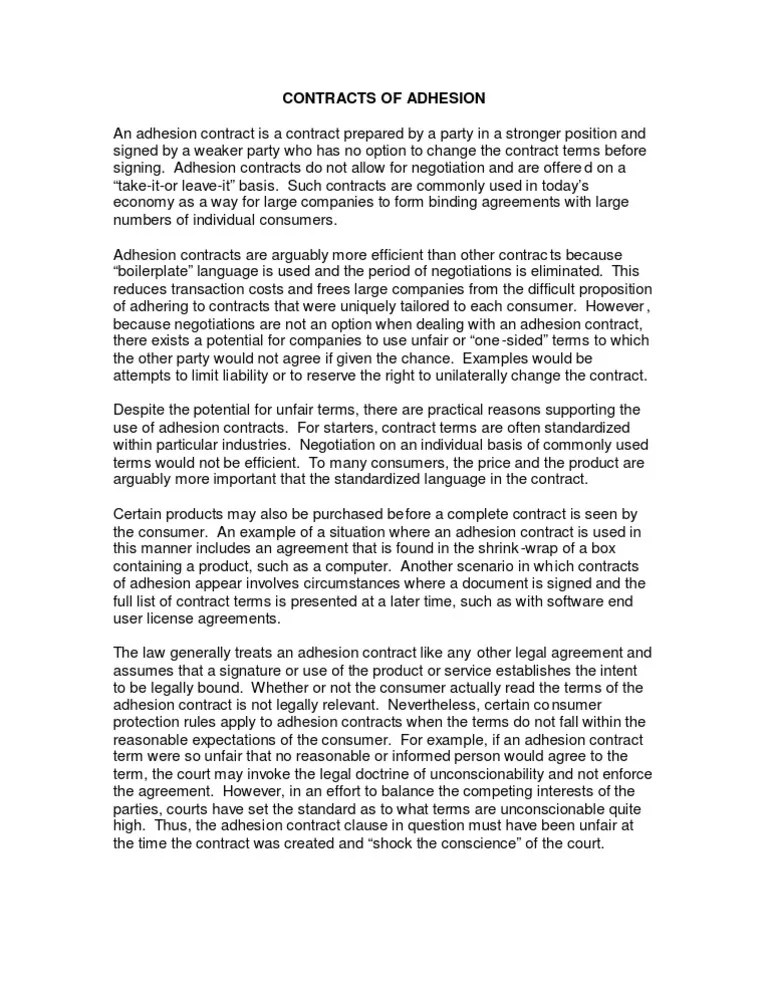 Contracts of Adhesion Detailed Law Of Obligations Legal Concepts