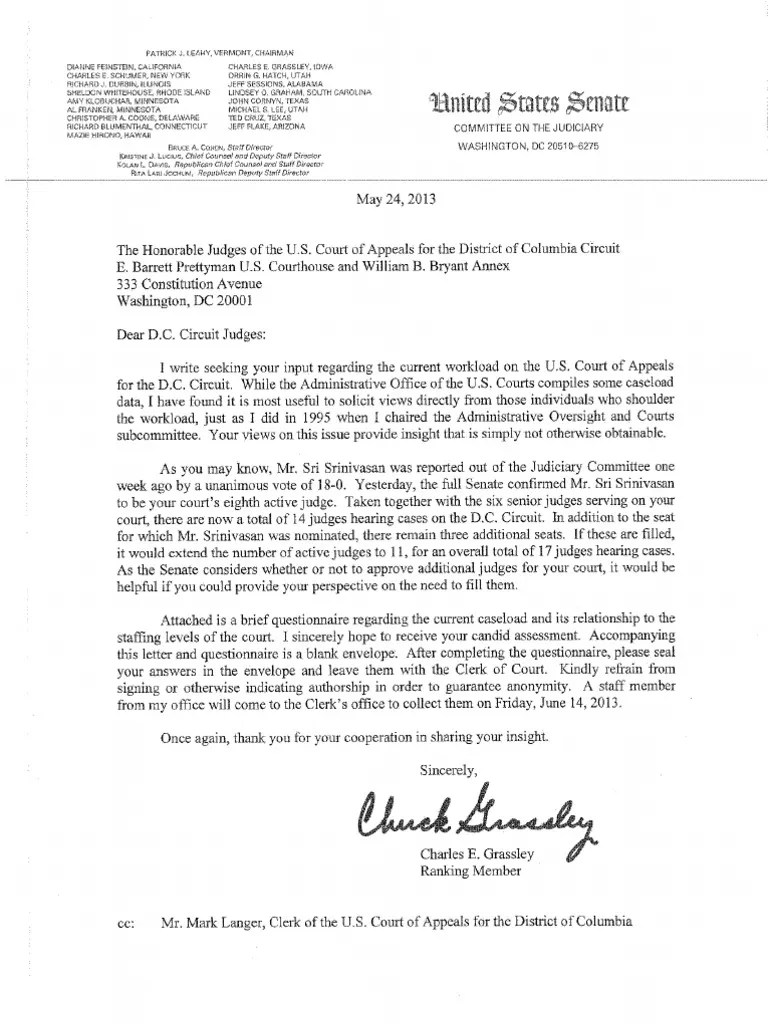 Sen Grassley Letter to DC Circuit Dated May 24 2013