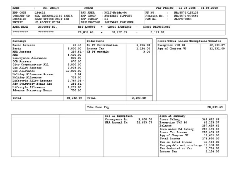 Salary Slip Format for Hcl