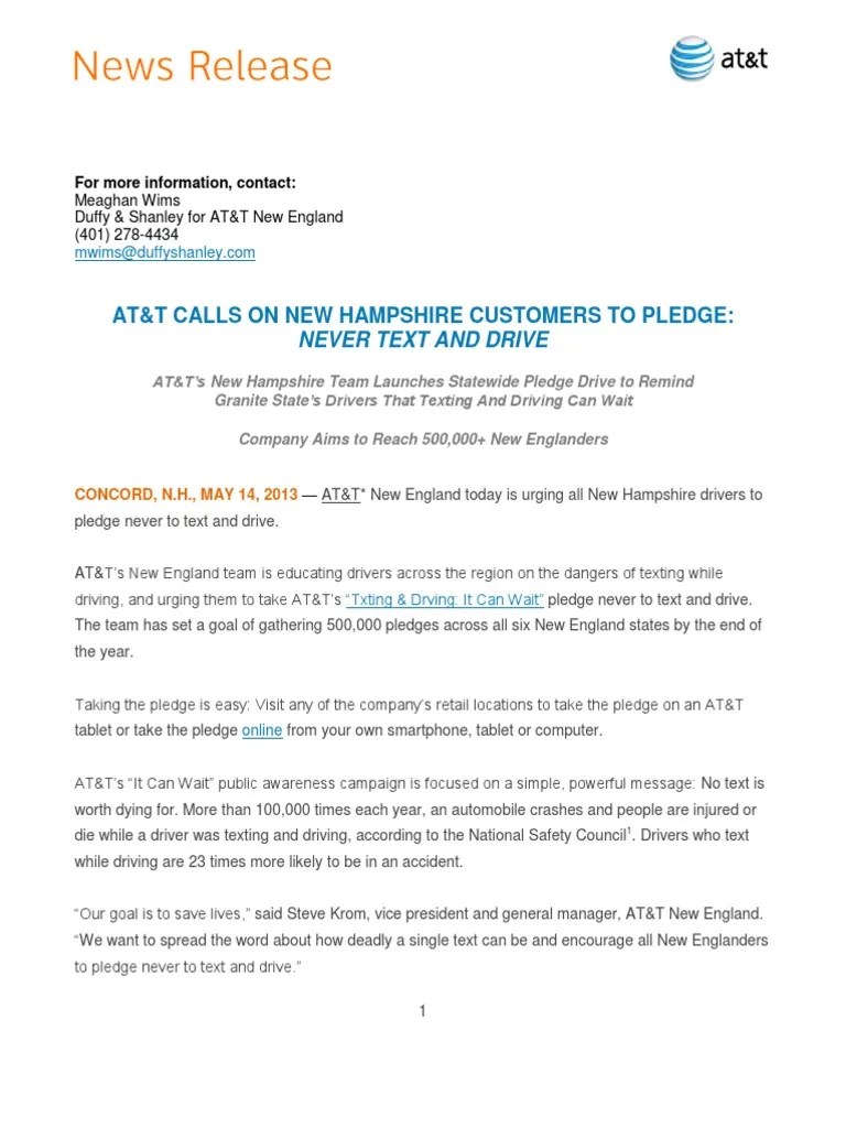 NH Pledge Drive Press Release 051413 At&T Text Messaging