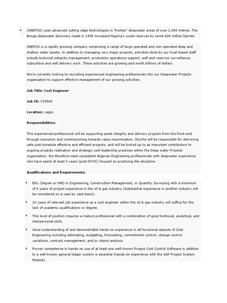 Job Title Cost Engineer Job ID F29549 Location Lagos