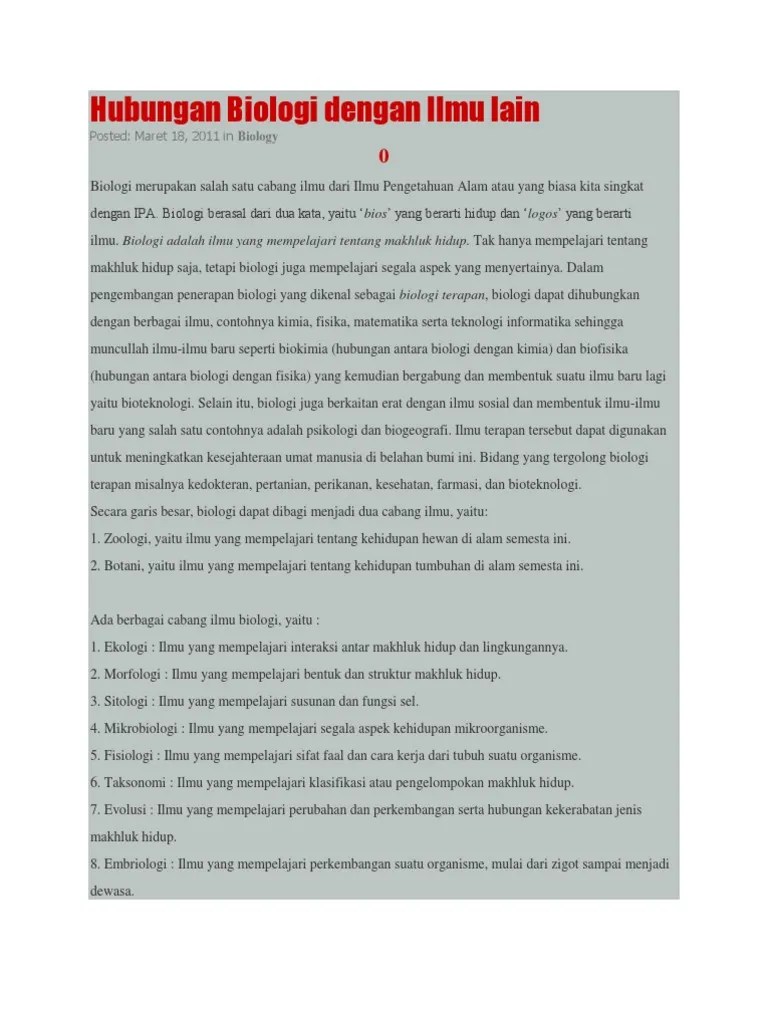 Hubungan Ilmu Biologi Dengan Ilmu Lain Terkait Ilmu