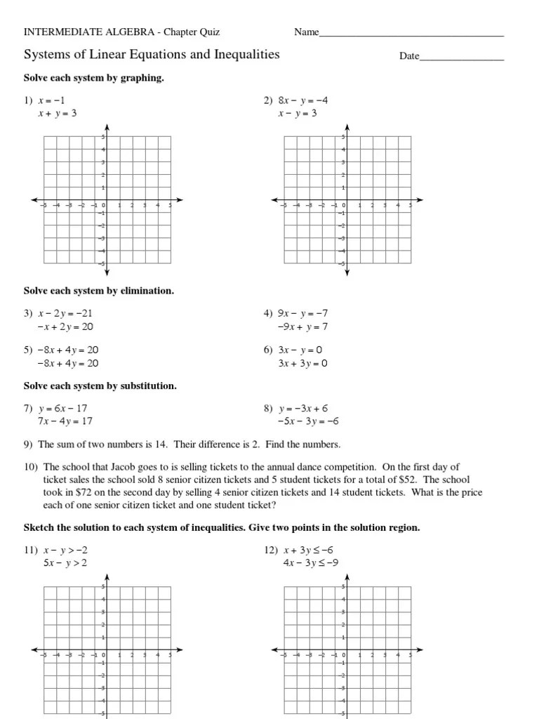 Chapter Quiz Linear Equations and Inequalities Equations System