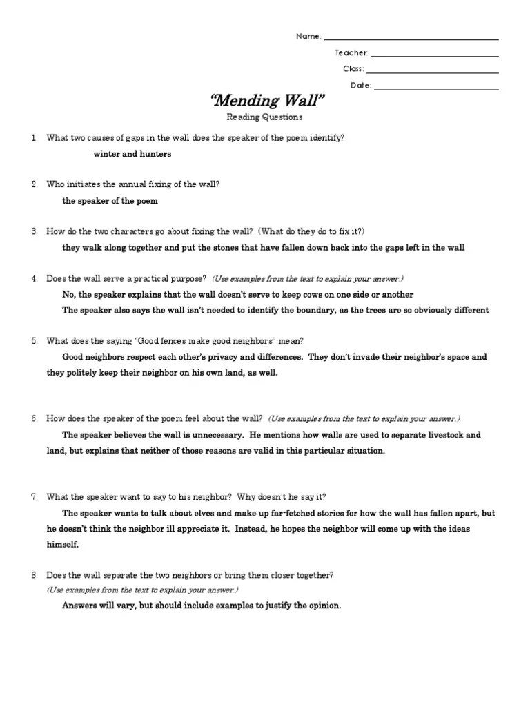 Mending Wall Reading Questions ANSWER KEY PDF Wall Poetry