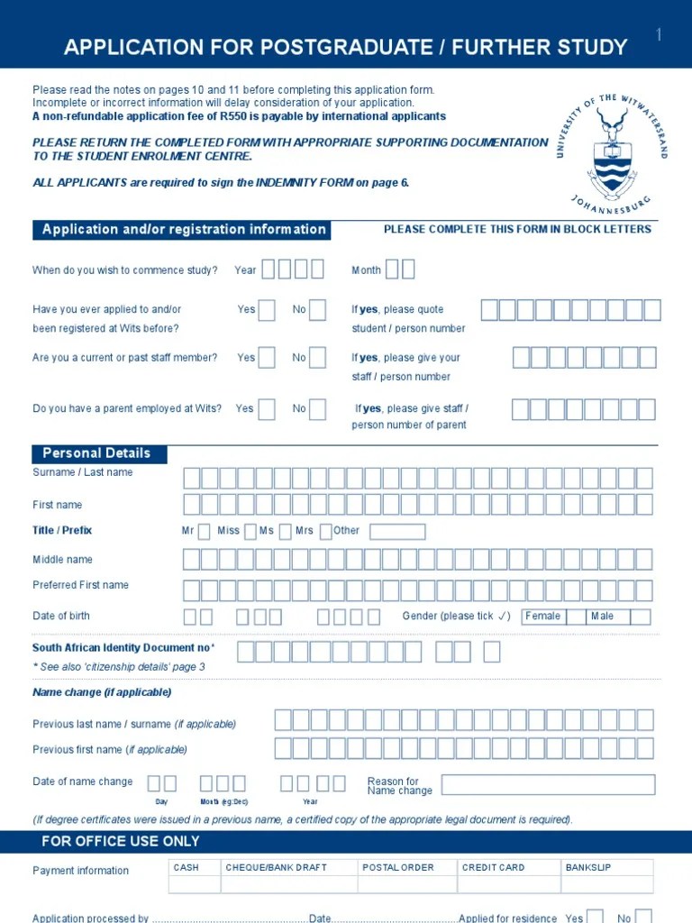 Application Form Wits PDF Postgraduate Education Doctor Of Philosophy