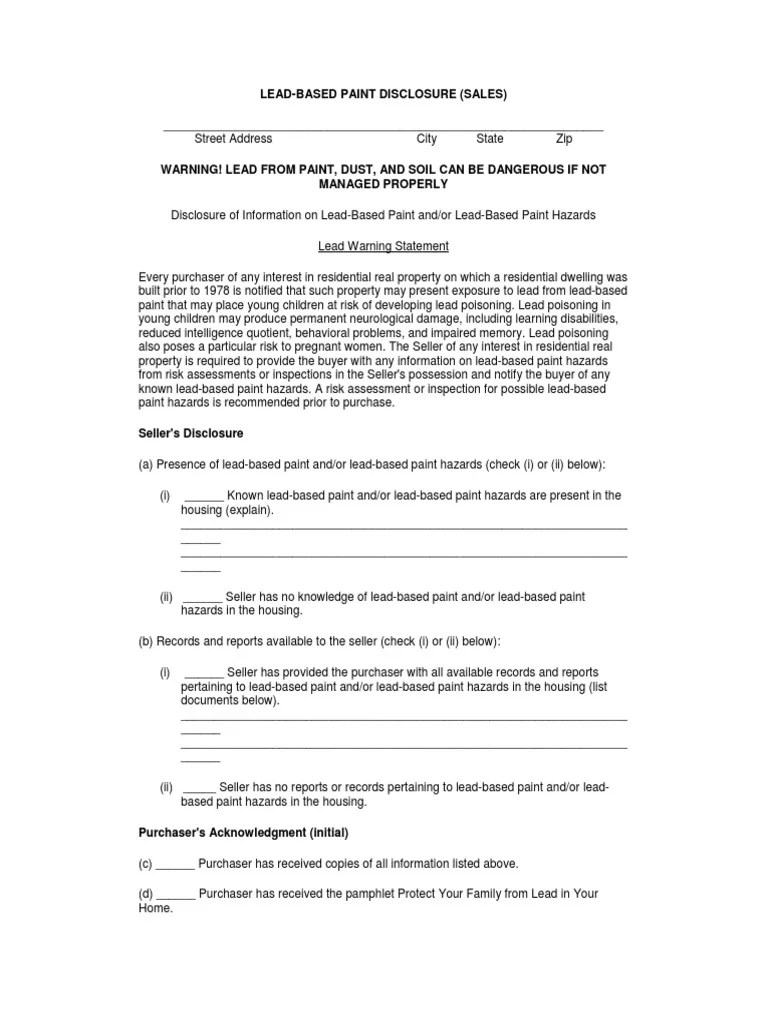 LeadBased Paint Disclosure Statement Sales PDF Lead Fetus