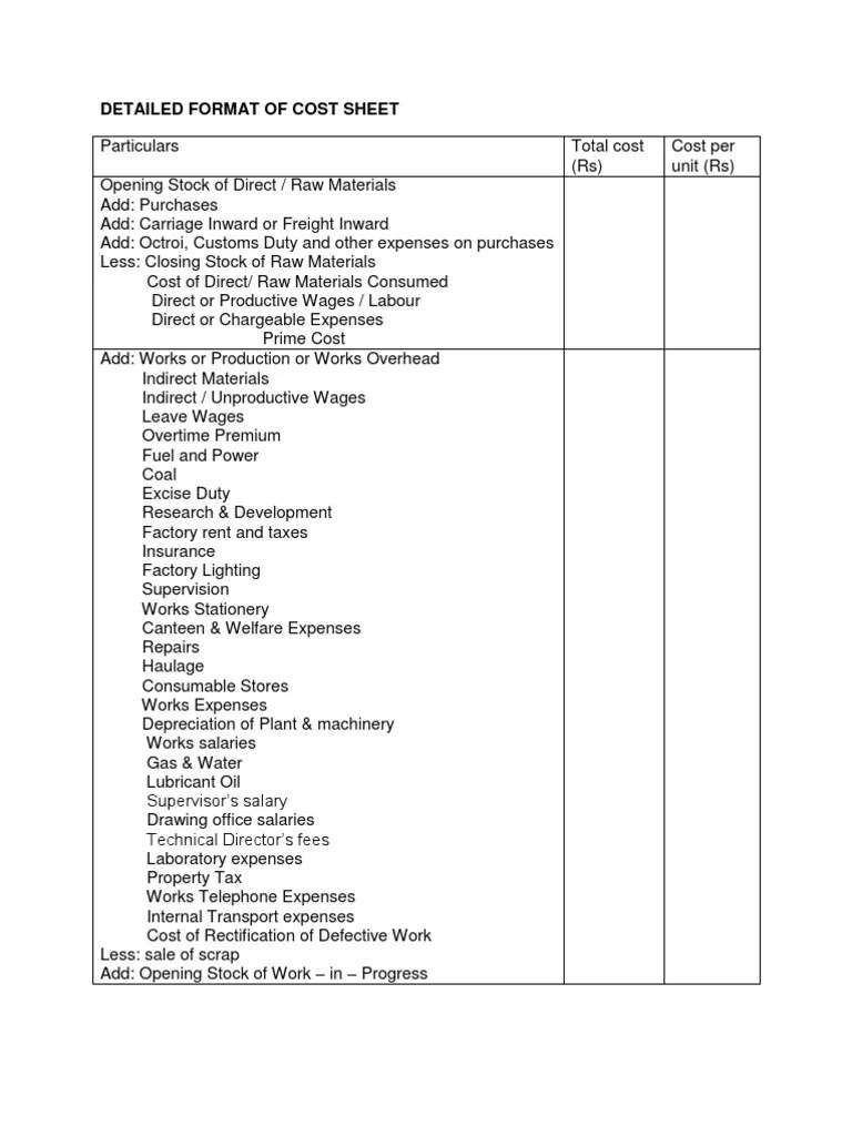 Detailed Format of Cost Sheet Expense Cost Of Goods Sold