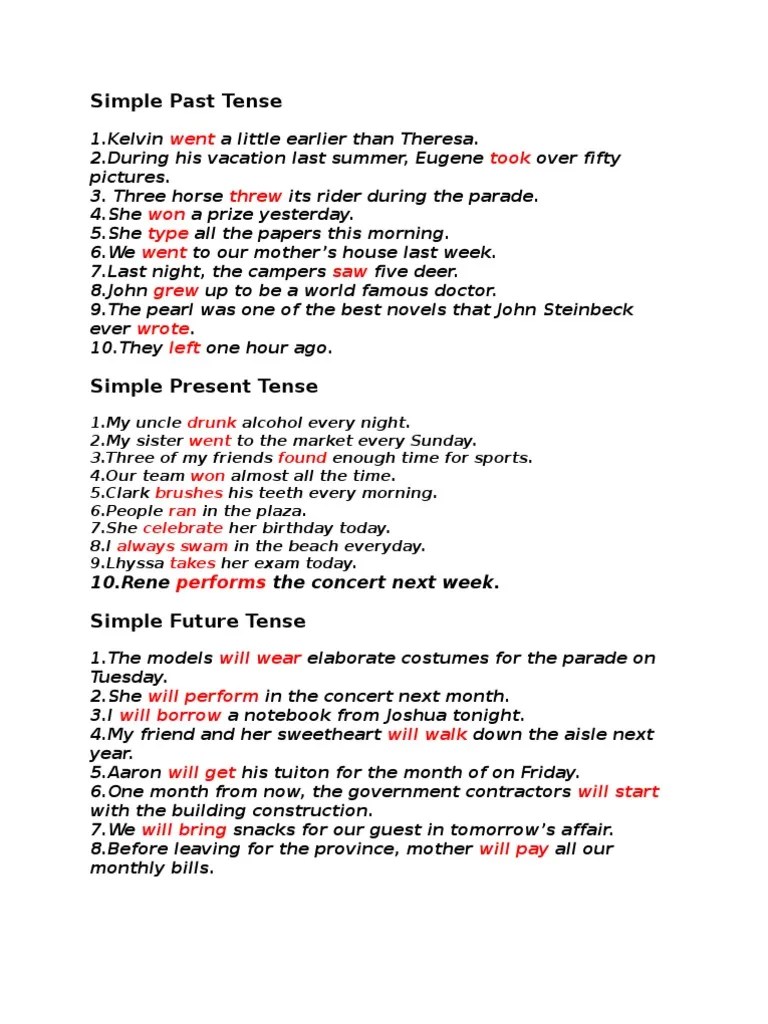 Simple Past Tense Went Took Threw Won Type Went Saw Grew Wrote Left PDF