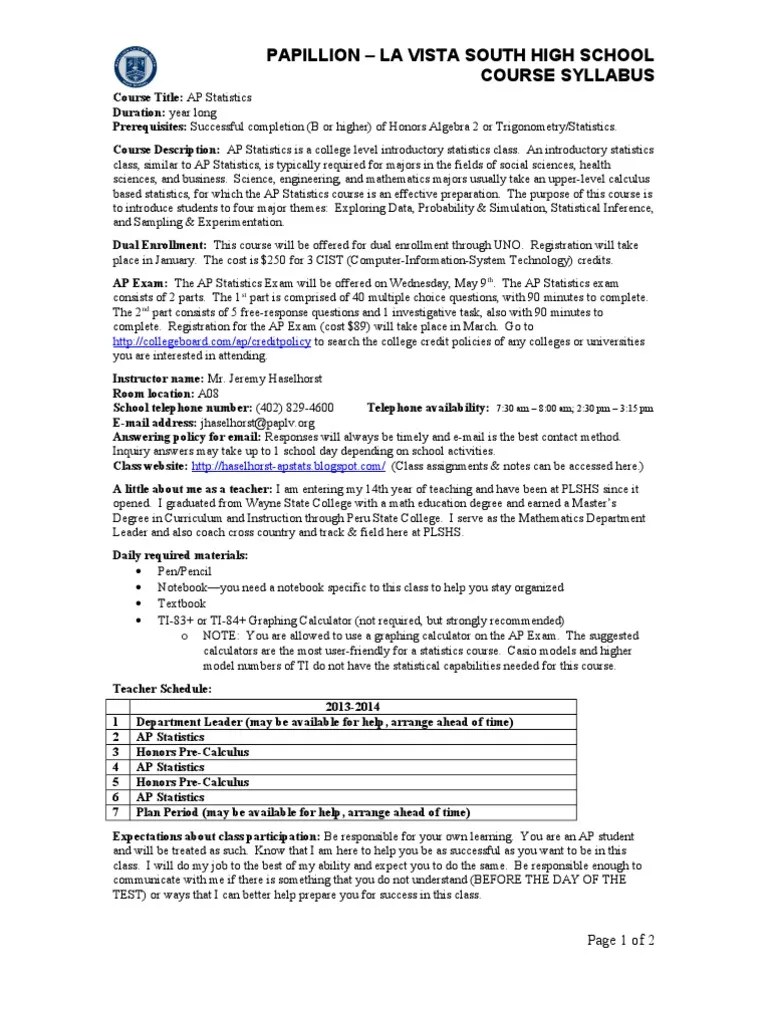 AP Stats Syllabus Advanced Placement Quality Of Life