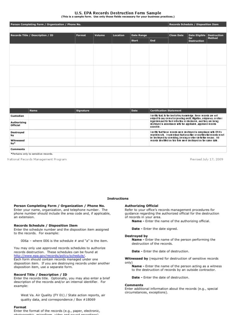 Records Destruction Form Records Management Data