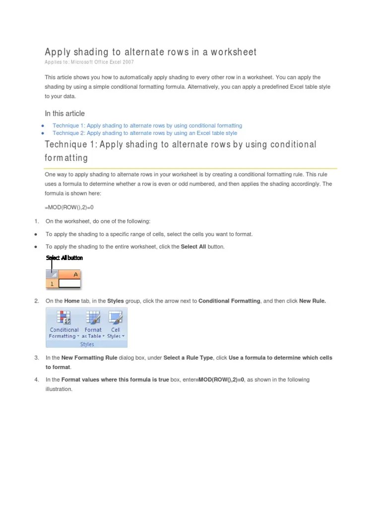 Apply Shading to Alternate Rows in a Worksheet Excel Tab (Gui