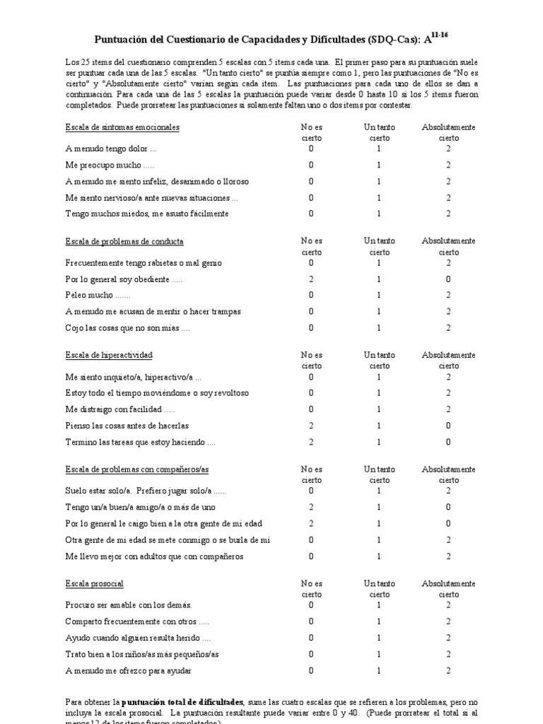 SDQ Spanish Sscoring Attention Deficit Hyperactivity Disorder