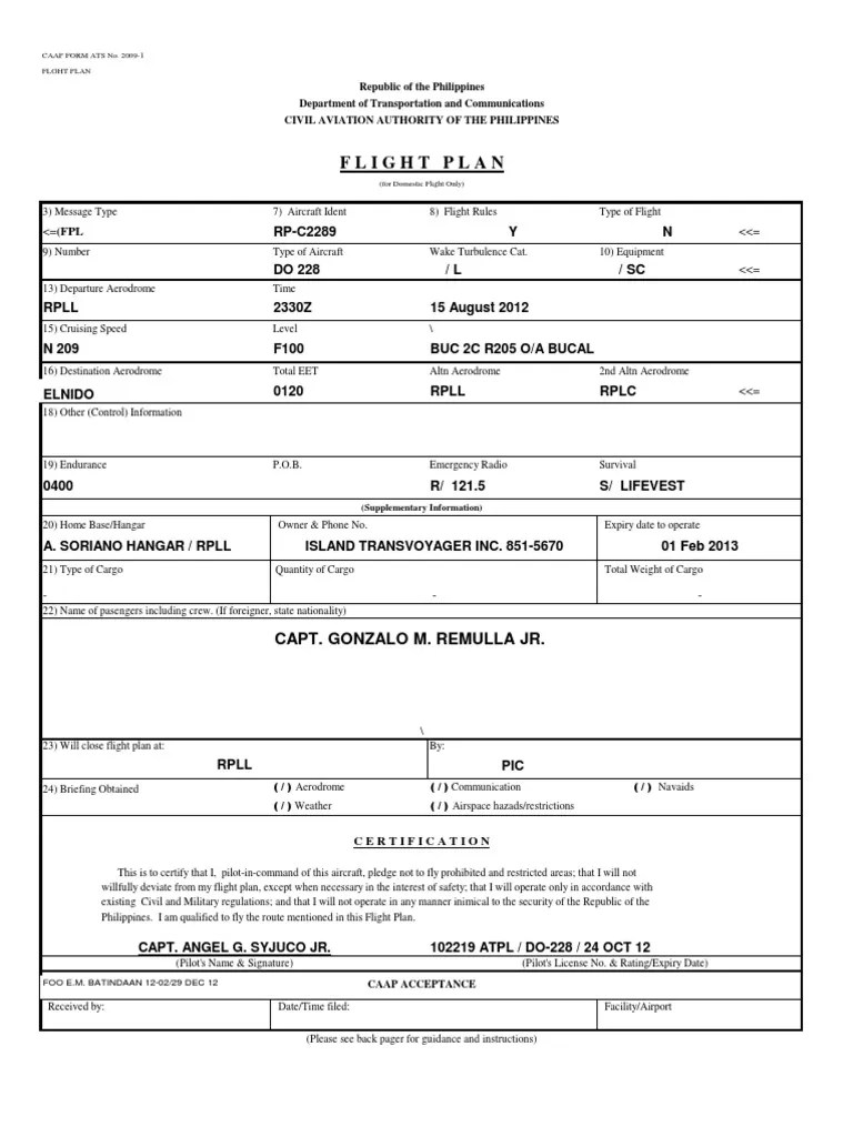 Blank Flight Plan Form Aerodrome Flight