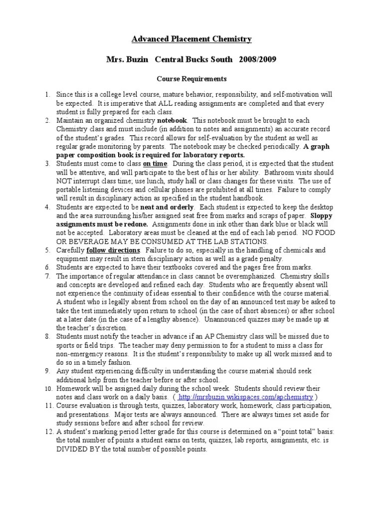 AP Chem Course Description (0809 Rev) Chemistry Test