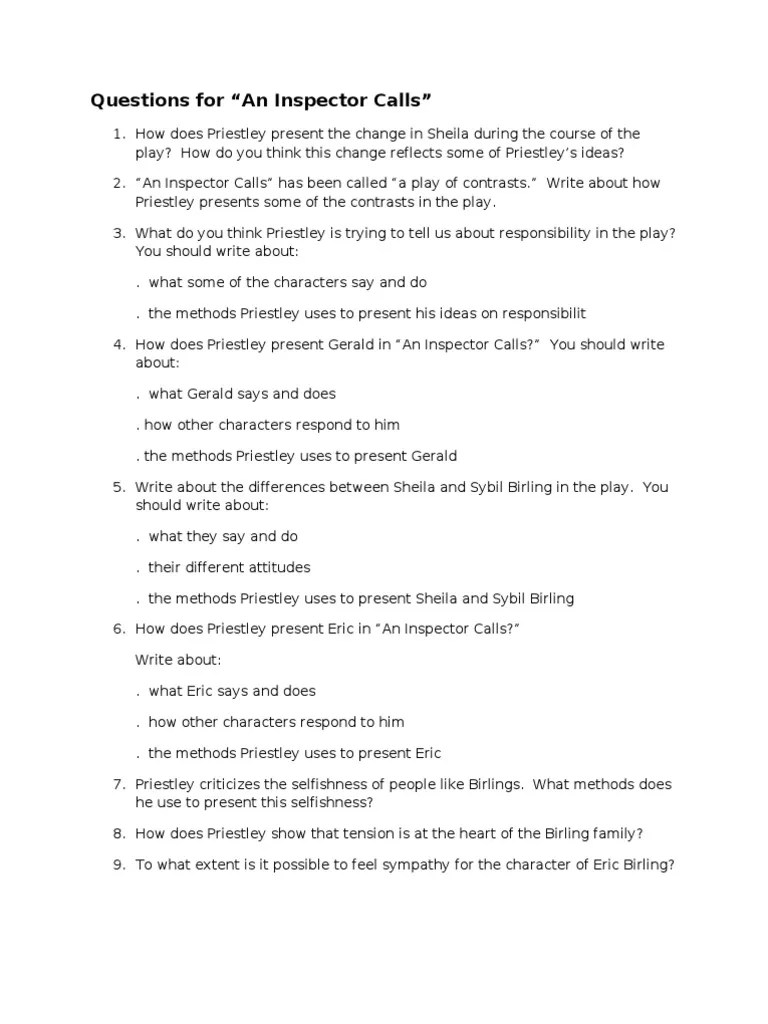 An Inspector Calls Questions Set
