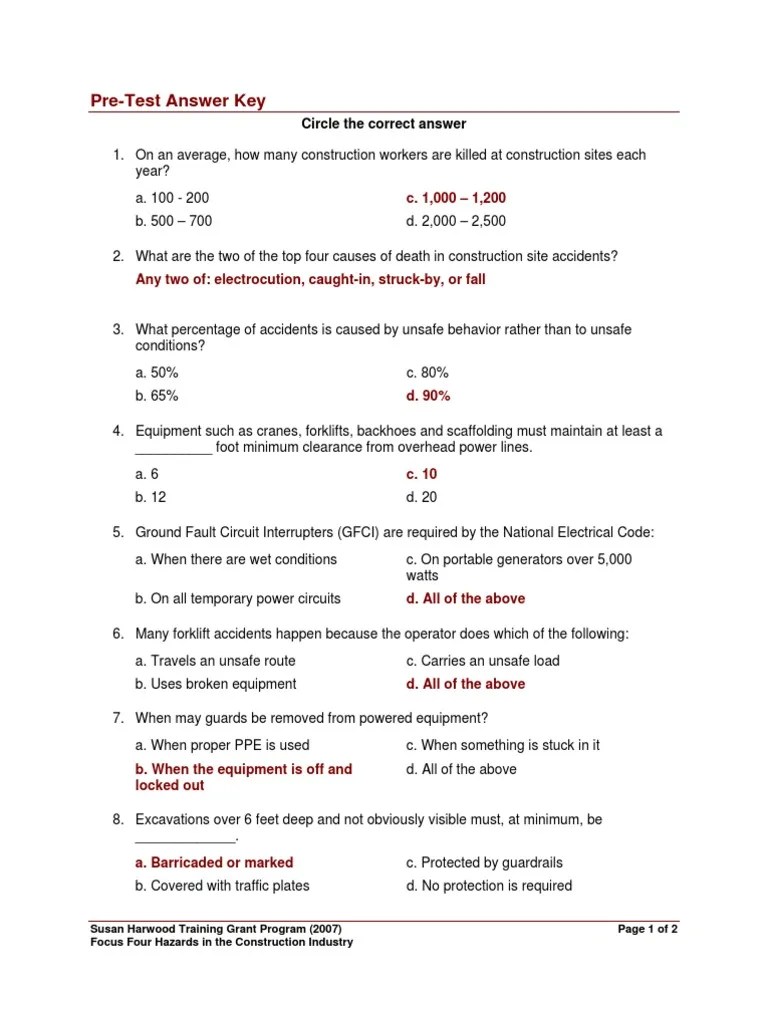 Pre Test Answer Key | Occupational Safety And Health Administration