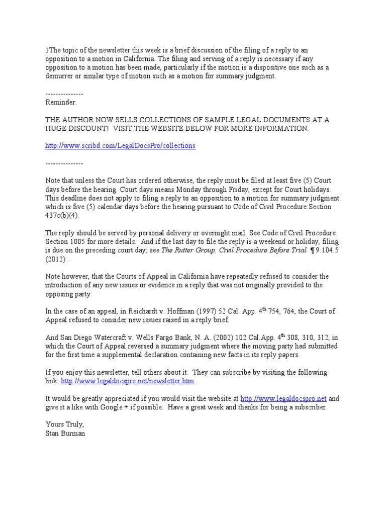 Reply to an Opposition to Motion in California Summary Judgment