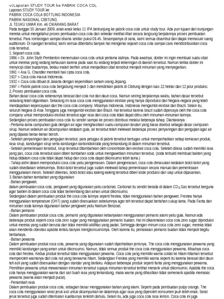 Contoh Makalah Laporan Study Tour Ke Pabrik Coca Col | PDF