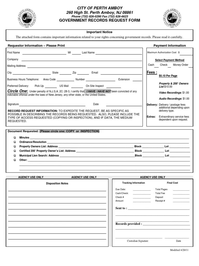 Perth Amboy OPRA Form PDF Cheque Mail