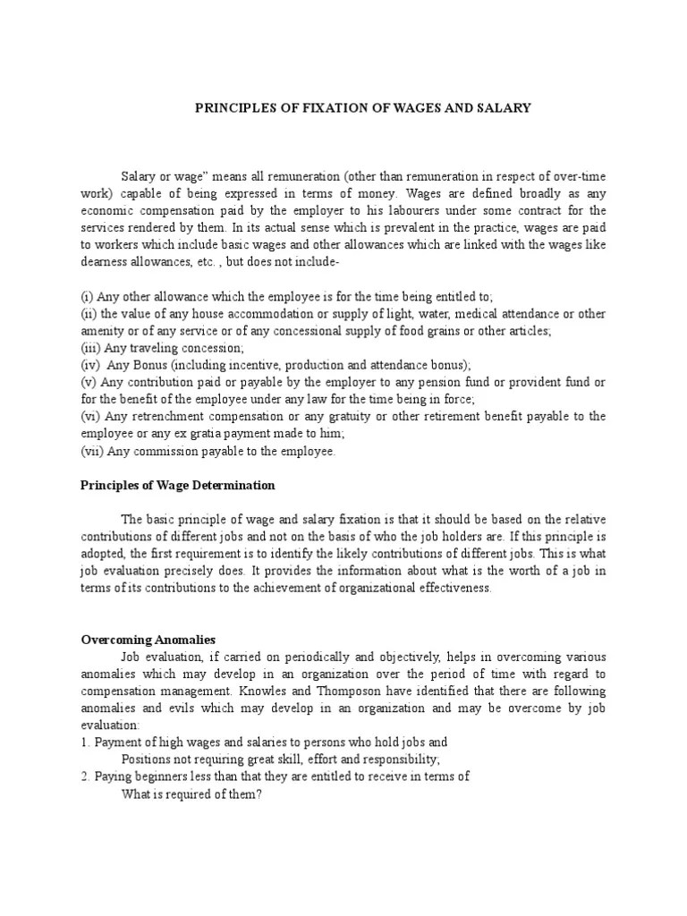 Principles of Fixation of Wages and Salary PDF Employment Wage