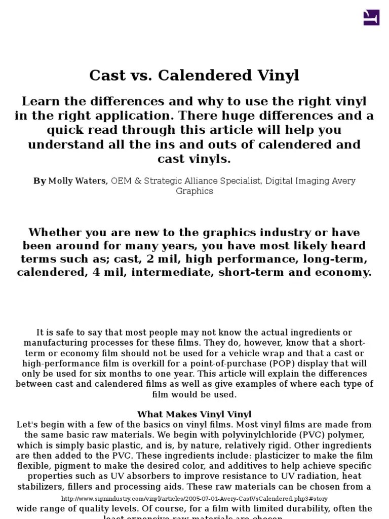 Cast vs. Calendered Vinyl Polyvinyl Chloride Casting (Metalworking