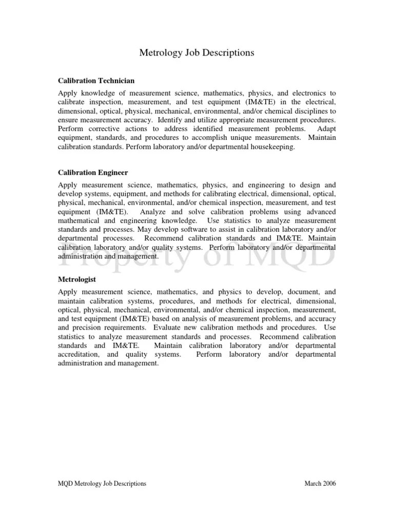 Metrology Job Description PDF