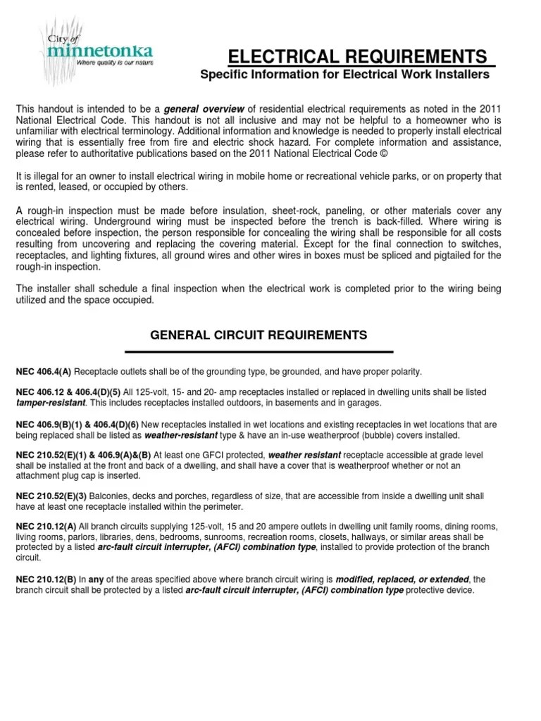 Electrical requirements DWELLING UNITS Electrical Wiring