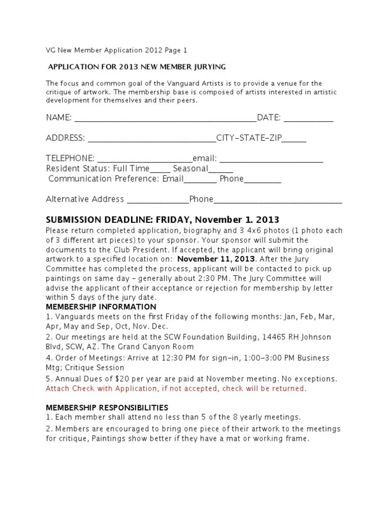 Vanguard Artists 2013 New Member Application Form