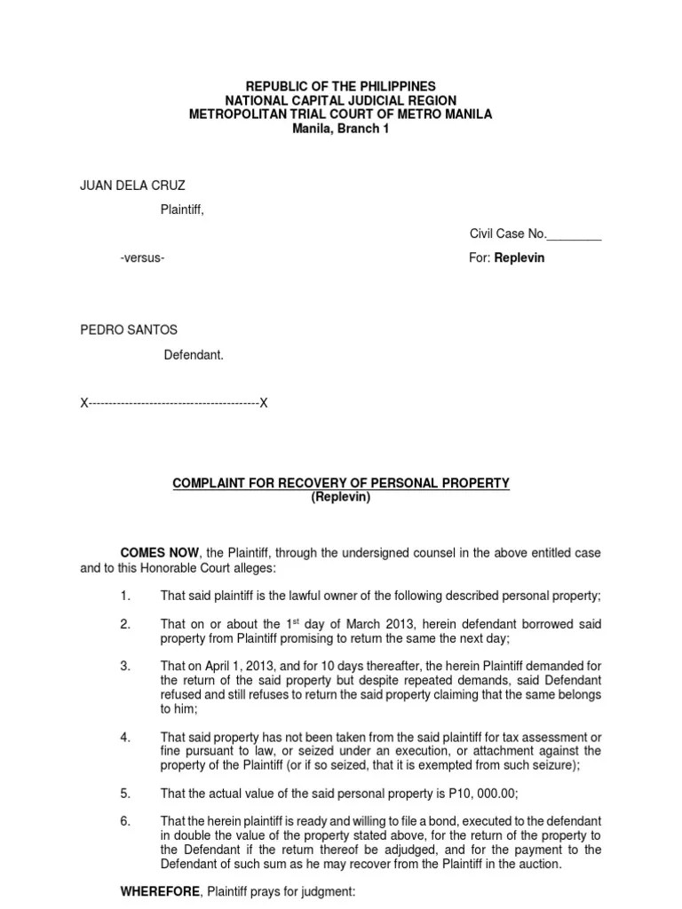 Complaint For Recovery of Personal Property PDF Plaintiff Lawsuit