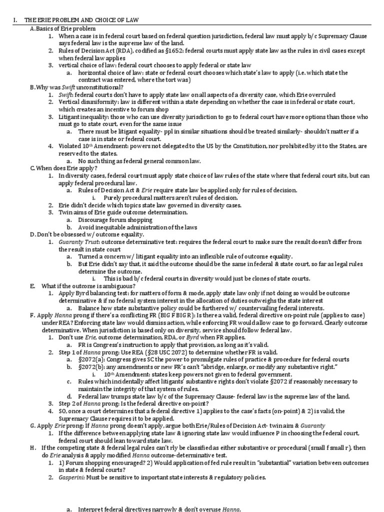 1L Civ Pro Erie for Final Diversity Jurisdiction Law Of The United