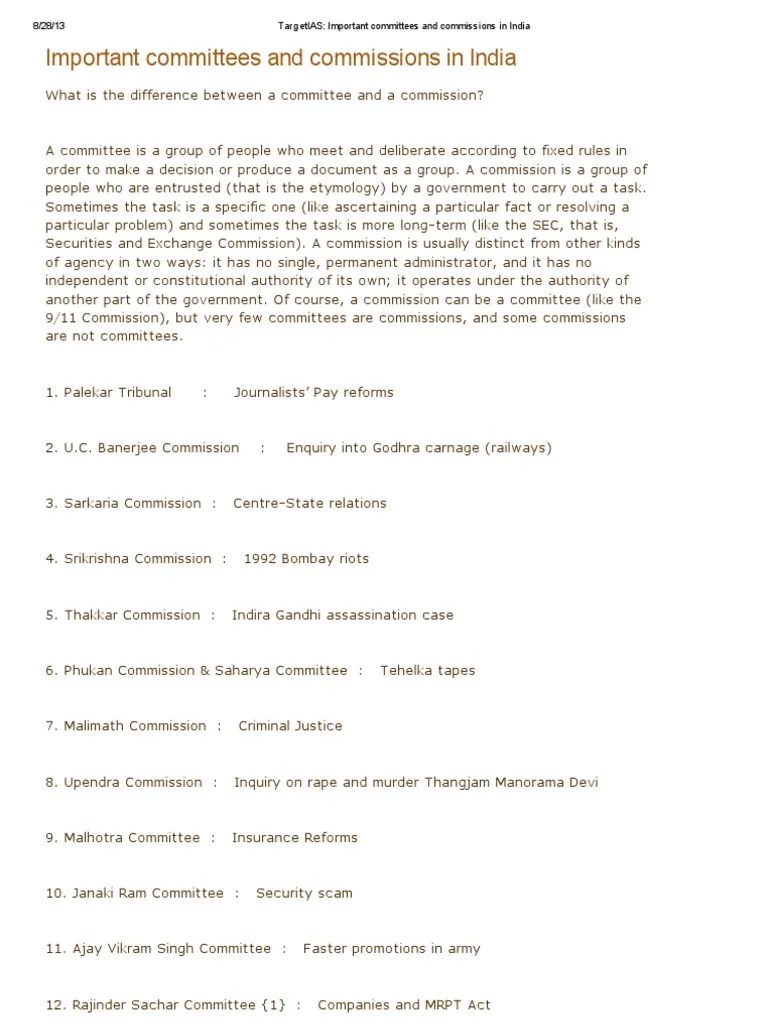 Important Committees and Commissions in India Independent India