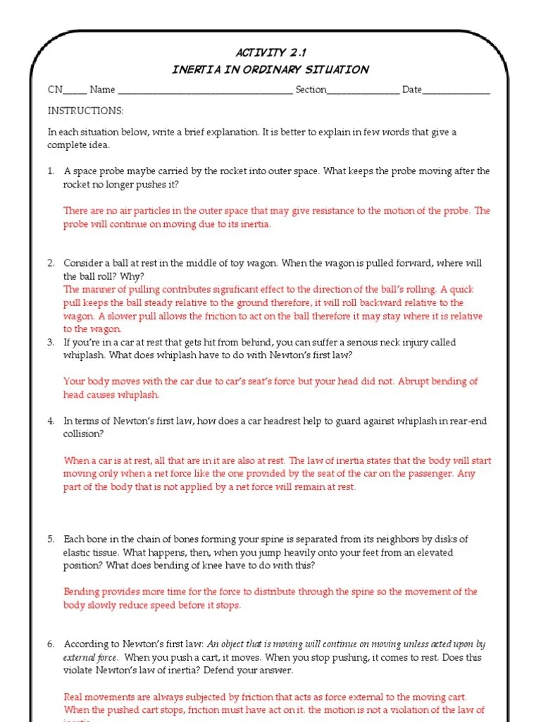 Answers to ACTIVITY 2.1 Newton's Laws Of Motion Inertia