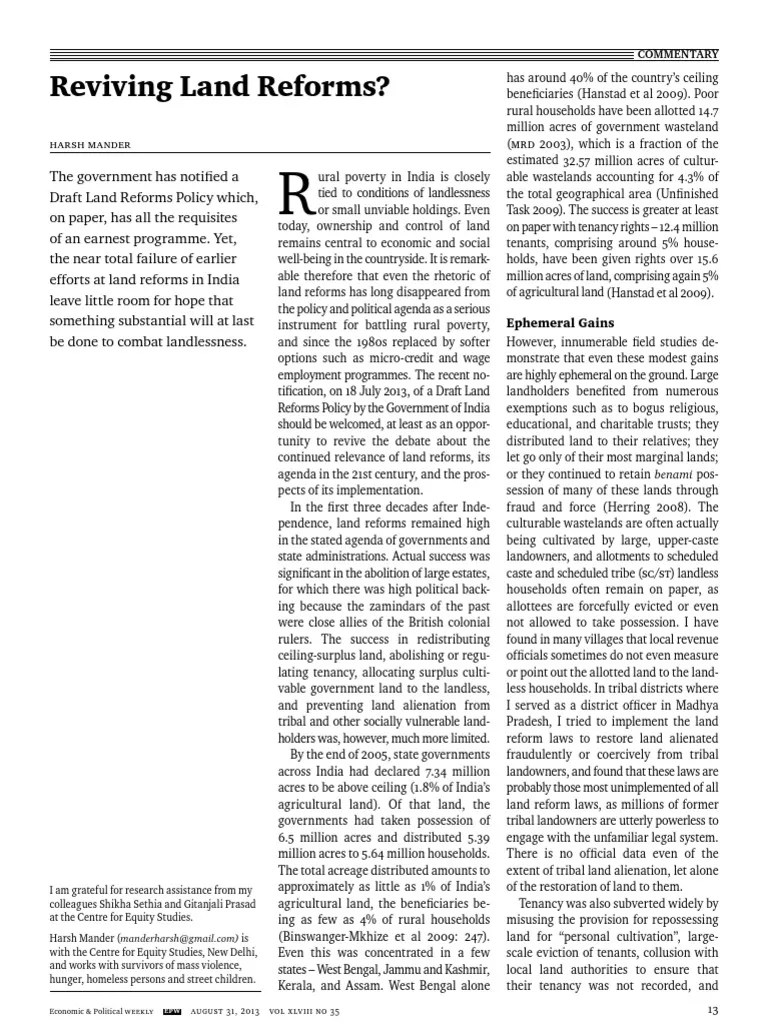 Reviving Land Reforms PDF Land Reform Rural Poverty