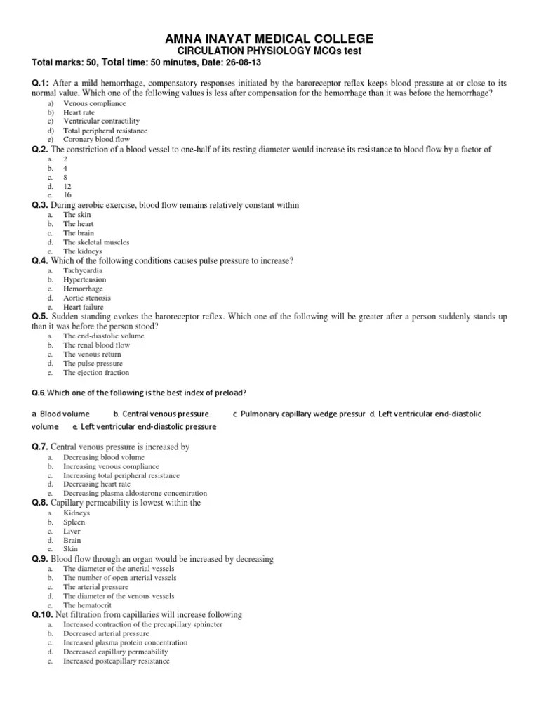 MCQs On Circulation Physiology With Key Circulatory System Blood