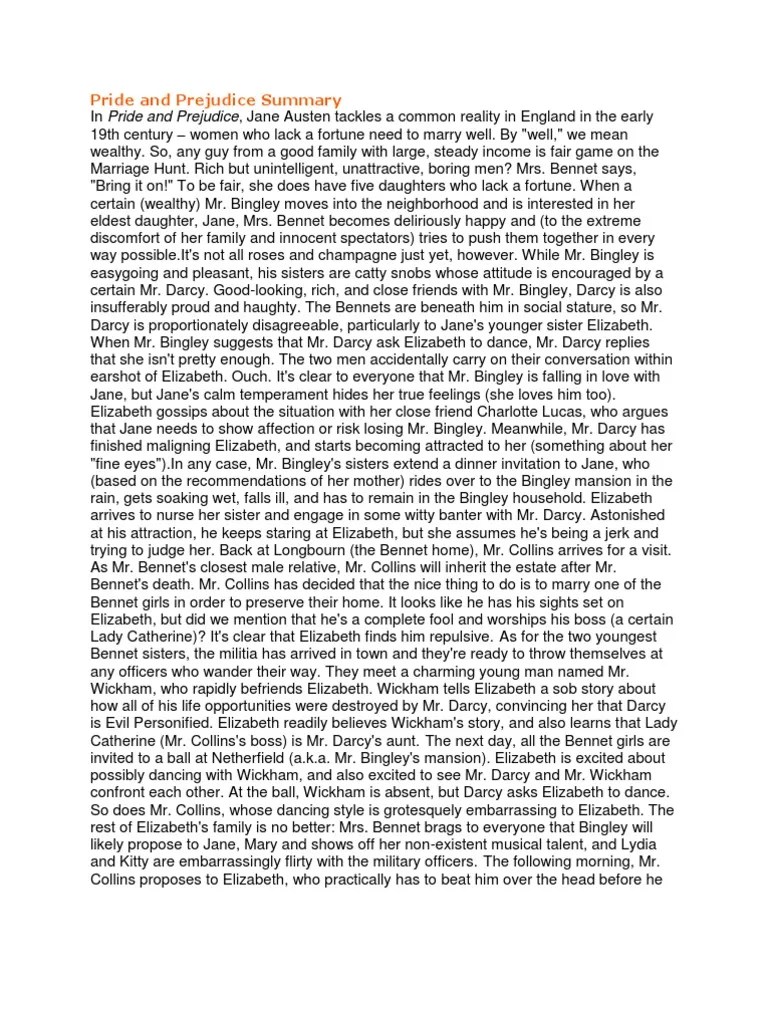 Pride and Prejudice Summary Pride And Prejudice Mr. Darcy