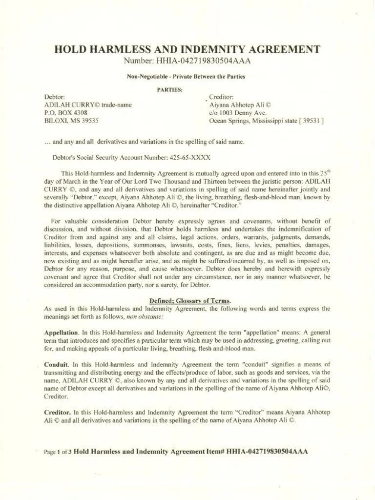 Hold Harmless and Indemnity Agreement PDF Indemnity Legal Personality