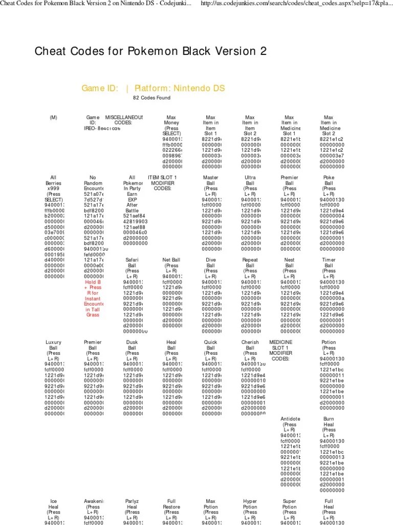 Cheat Codes For Pokemon Black Version 2 On Nintendo DS 