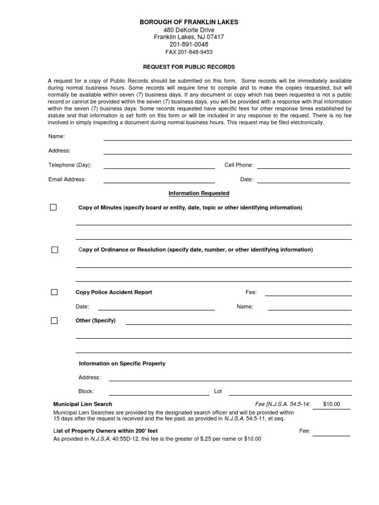 Franklin Lakes OPRA Request Form Government Politics