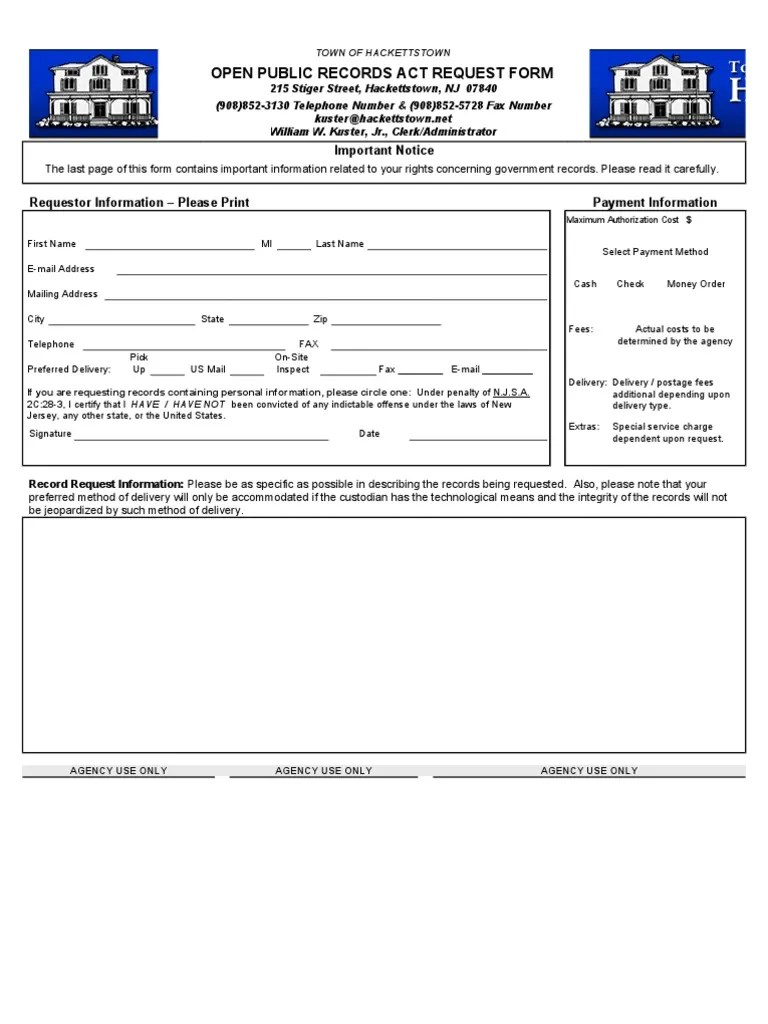 Hackettstown OPRA Request Form Download Free PDF Discovery (Law