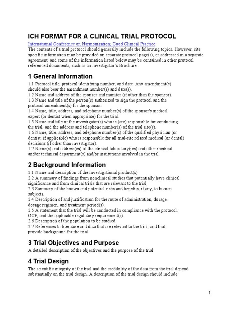 Ich Format for a Clinical Trial Protocol Clinical Trial Statistics