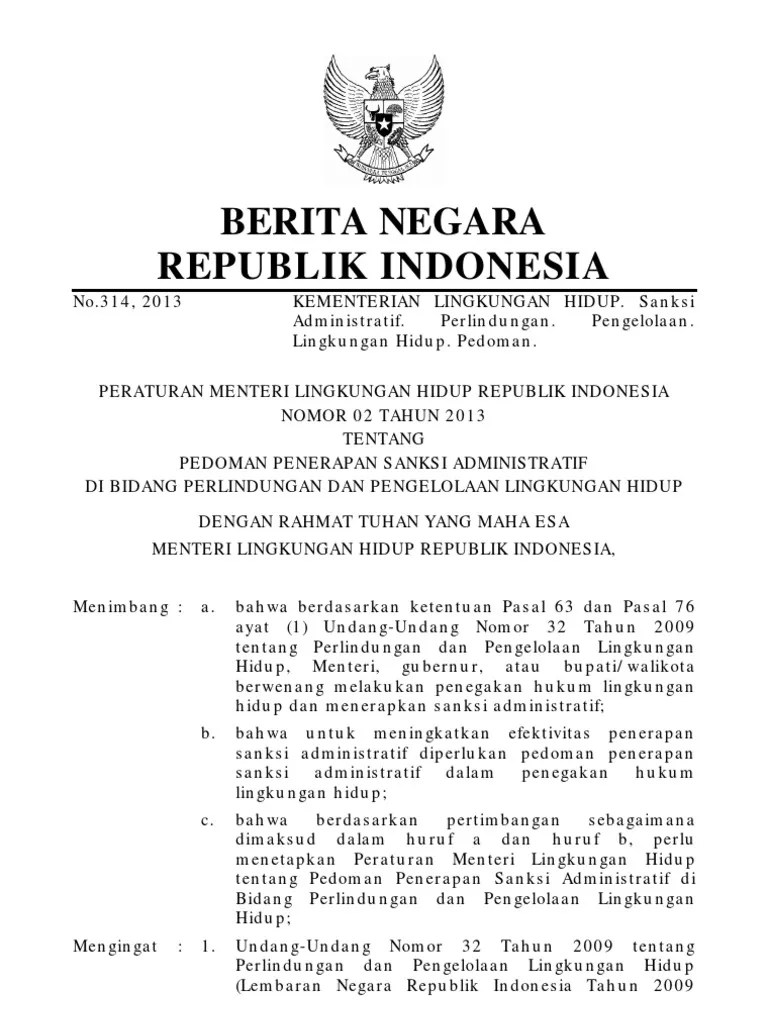 Pedoman Penerapan Sanksi Administratif Di Bidang Perlindungan Dan  Pengelolaan Lingkungan Hidup | PDF