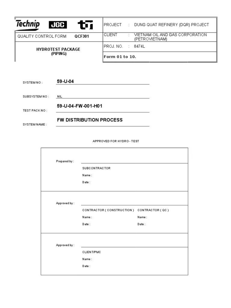 QCF301 Hydrotest Package (Piping) Form 01 to 10